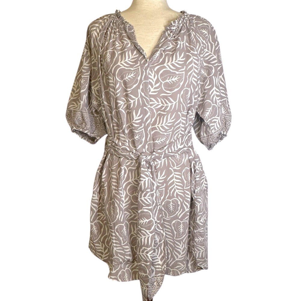 Bu Tiki Maui Noelani Anthurium Short Tunic Dress Tie Belt Brown White M/L Cotton